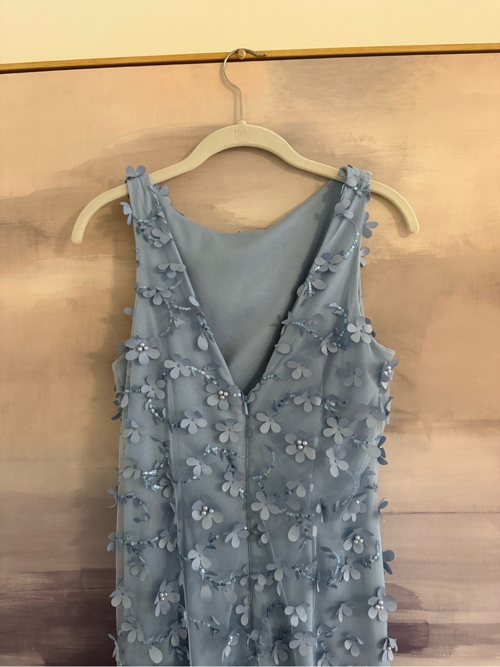 Carmen Marc Valvo Infusion 3D Floral Mermaid Gown Dusty Blue Evening Gown - Picture 5 of 7